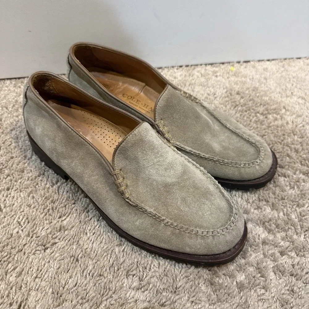 Cole Haan Genuine Handsewn Shoes Mens Size 9C Beige Suede Slip On Loafers Casual